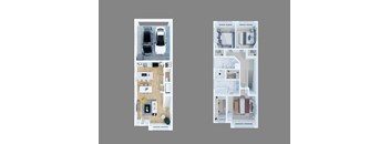 A floor plan of a two-bedroom apartment with a garage.