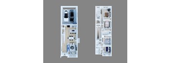 A floor plan of a small apartment with two bedrooms and a living area.