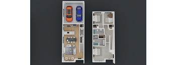A floor plan of a small apartment with a kitchen, living room, and bedroom.