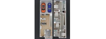 A floor plan of a house with two cars parked in the garage.