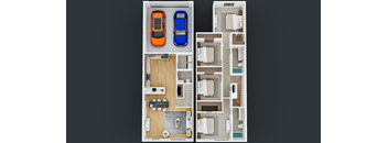 A top-down view of a car and a floor plan of a house.