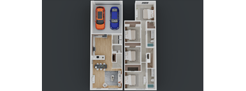 A top-down view of a small apartment layout with two cars parked in the garage.