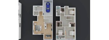 A 3D floor plan of a house with a blue car parked in the garage.