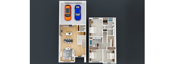 Two cars are parked in a garage.