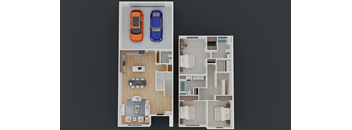 A floor plan of a house with two cars parked in the garage.