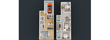 A top down view of a two story apartment with a car in the driveway.
