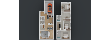 A top-down view of a two-story apartment with a car parked in the garage.