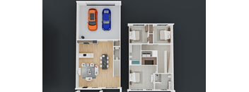 A floor plan of a small apartment with a kitchen, living room, and two bedrooms.