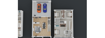 A 3D floor plan of a small apartment with a kitchen, living room, and bedroom.