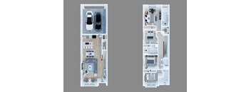 A floor plan of a two-bedroom apartment with a garage for one car.