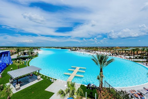 A large blue swimming pool with a white symbol in the middle surrounded by palm trees and a clear sky.