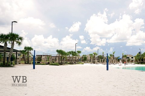 A beach scene with palm trees and a pool.