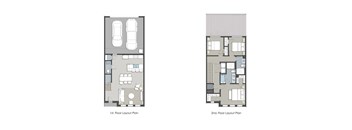 Two floor layout plans for a house with two parking spaces.