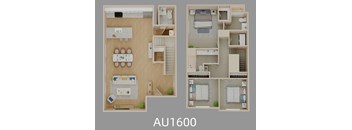 A floor plan of a small apartment with two bedrooms and a living area.