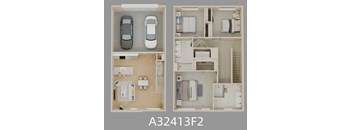 A 3D floor plan of a small apartment with two bedrooms, a living room, and a kitchen.