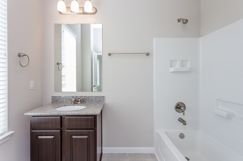 a bathroom with a sink and a bath tub and a mirror