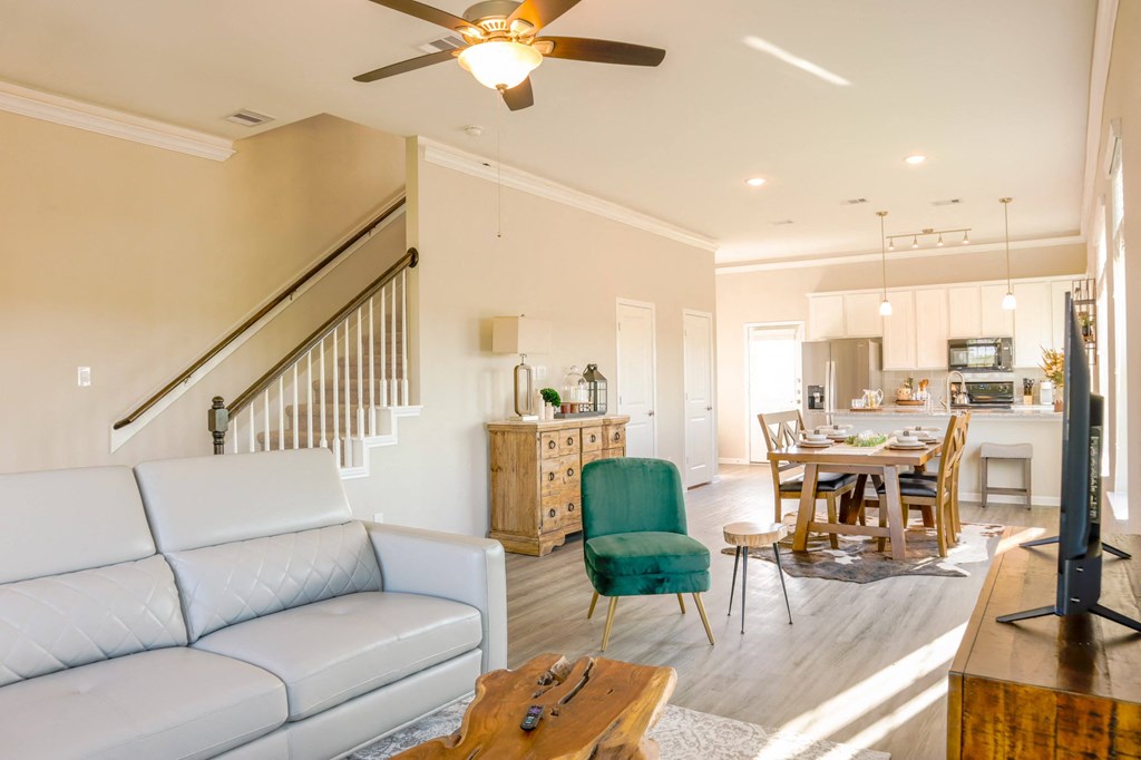 a living room with a couch and a table
