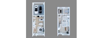 A floor plan of a house with two cars parked in the garage.