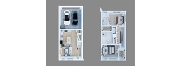 Two images of a house layout with a kitchen, living room, and two bedrooms.