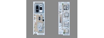 A floor plan of a two-bedroom apartment with a garage for two cars.