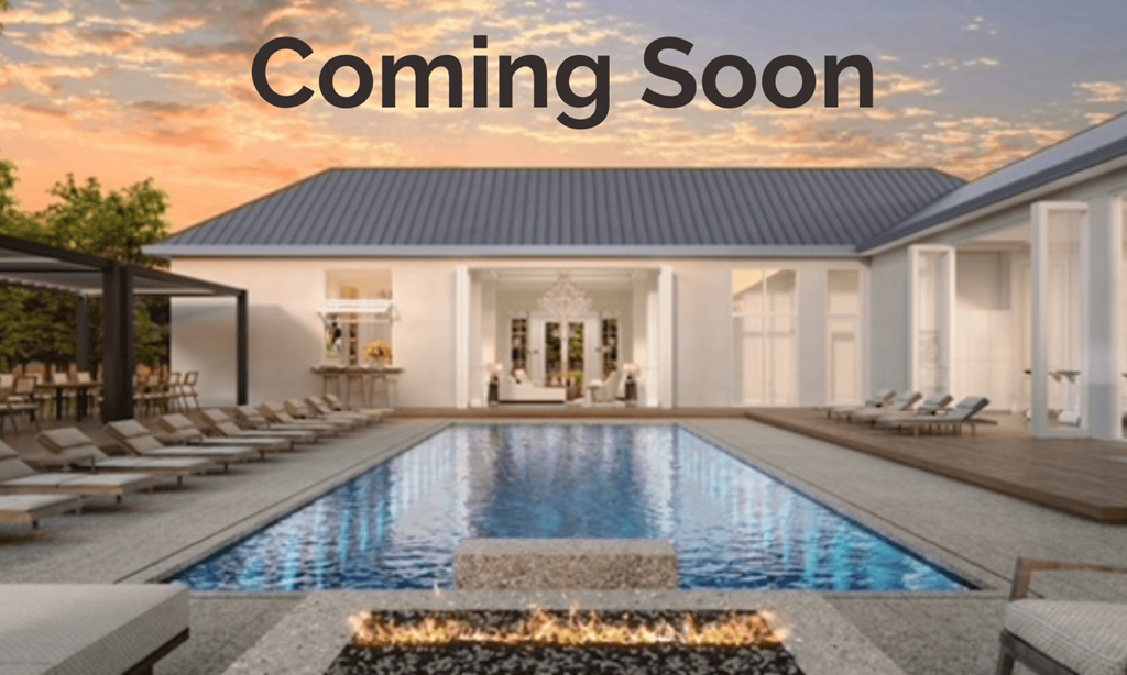 a home coming soon banner with a swimming pool in the foreground and a sunset in the background