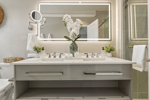 A bathroom with a white sink vanity and a mirror above it.