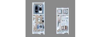 Two images of a house layout with a kitchen, living room, and bedrooms.