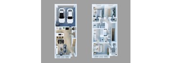 Two images of a house layout with a kitchen, living room, and bedrooms.