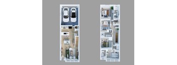 A floor plan of a two-bedroom apartment with a garage for one car.