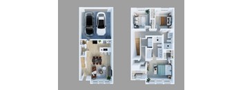 Two images of a house layout with a living room, kitchen, and bedrooms.