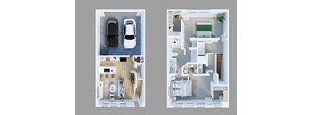 A top-down view of a car and a detailed layout of a small apartment with a kitchen, living room, and bathroom.