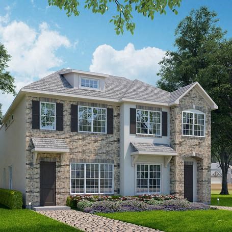 a brick house with black shutters and a lawn