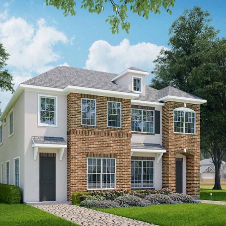 a house with a brick and white facade and a lawn