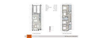 A floor plan for a 3B-Plex-Unit O42023B1 is displayed, showing the layout for the first and second floors, with a garage and porch included.