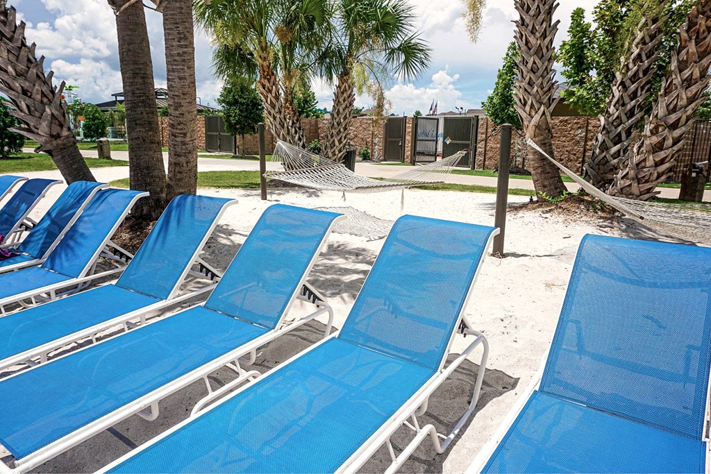 A row of blue lounge chairs are set up on a sandy beach.