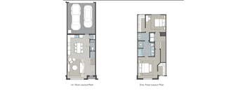 Two floor layout plans for a house with two cars parked in the garage.