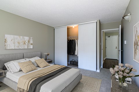 a bedroom with a large bed and a closet