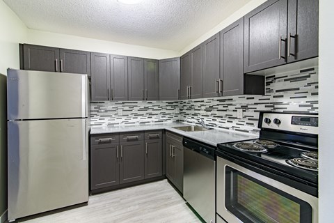 a kitchen with stainless steel appliances and black cabinets