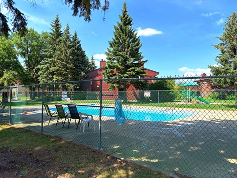 A pool surrounded by a fence with trees in the background.