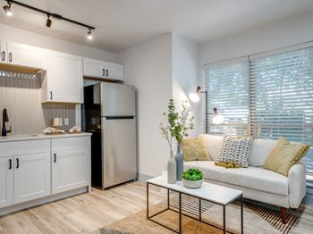 Photo showing the refrigerator and a sofa in the living room at Parea Oak Lawn Apartments