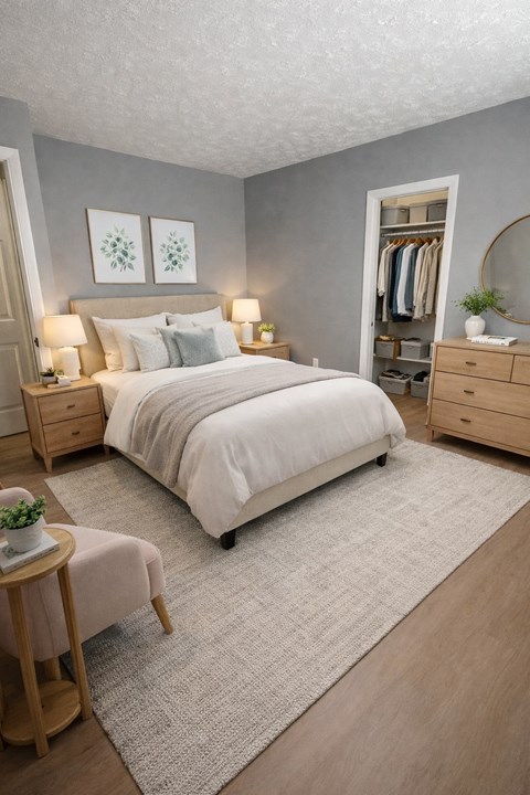 A bedroom with a large bed, a nightstand with lamps, a wardrobe, and a small table with a plant on it.