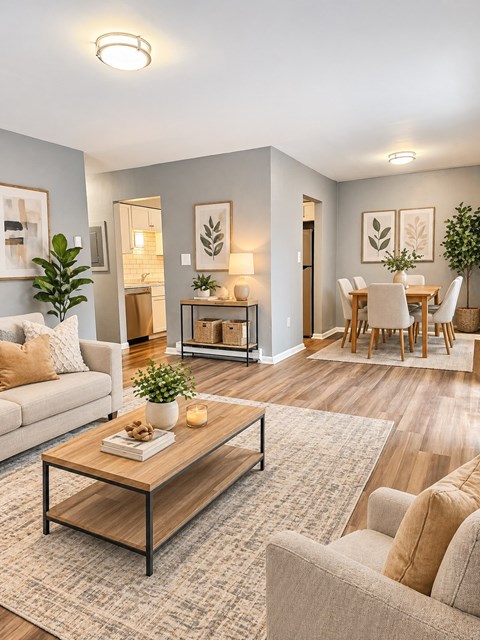 A living room with a couch, coffee table, and dining area.