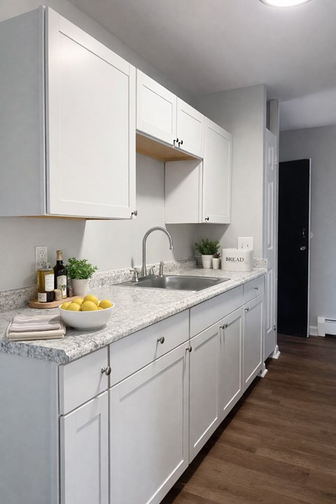 A kitchen with white cabinets and a marble countertop.
