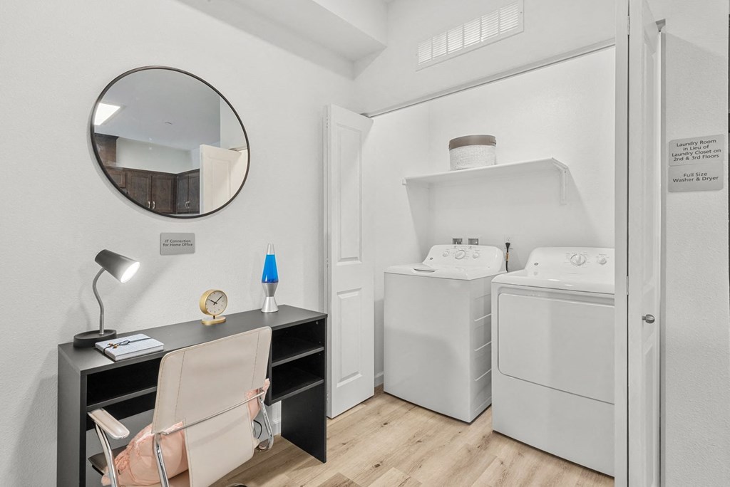 work from home desk space and office and in unit washer and dryer