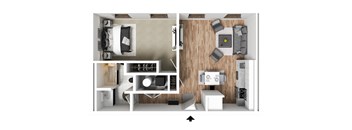 a stylized 3d floor plan with a bedroom and a living room