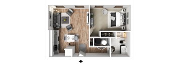 a stylized 3d floor plan with a bedroom and a living room