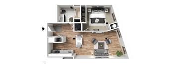 a stylized floor plan with a bedroom and a living room