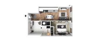 a stylized 3d floor plan of a bedroom with a bathroom and living room