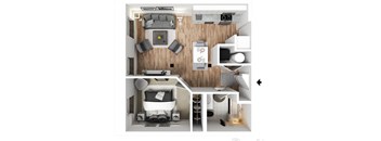 a stylized 3d floor plan with a bedroom and living room
