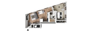 a stylized floor plan with a bedroom and a living room